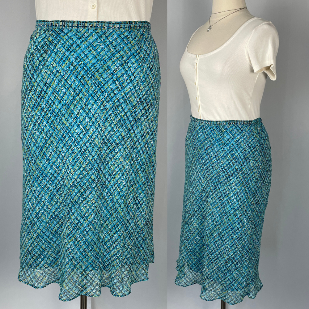 Y2K Midi Skirt Size 14 16 Blue Green Geometric Check Chiffon Pull On Dopamine